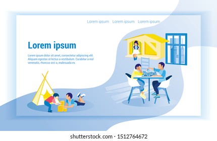Children in Room Doing Different Activities. Print Image and Text. Children's Hobbies. Spending Time Together. Vector Illustration. 