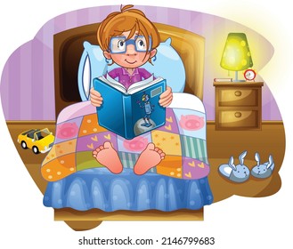 Children room. Evening. Boy before bed. The boy is in bed. The child is reading a book. Lamp on the bedside table.