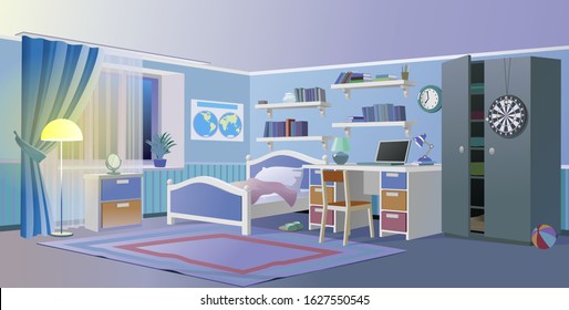 Children Room. Evening, Night, Lamp Light. Bed, Books. Teenage Room