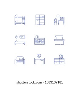 Children room furniture, bunk bed, desk and chair for home work, bookshelf and cupboard, vector line icon set