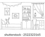 Children room graphic black white home interior sketch illustration vector 