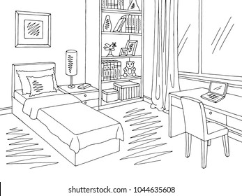 Children room graphic black white interior sketch illustration vector