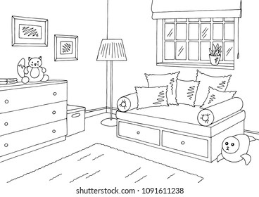 Children room graphic black white home interior sketch illustration vector