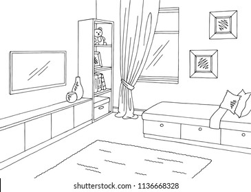 Children room graphic black white interior sketch illustration vector