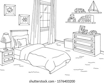 Children room graphic black white home interior sketch illustration vector