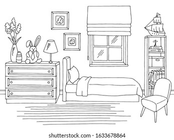 Children room graphic black white home interior sketch illustration vector