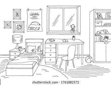 Children room graphic black white home interior sketch illustration vector