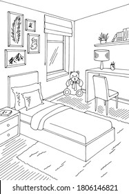 Children room graphic black white home interior vertical sketch illustration vector