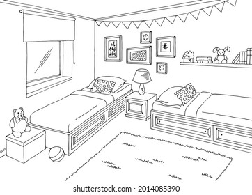 Children room graphic black white two bed home interior sketch illustration vector 