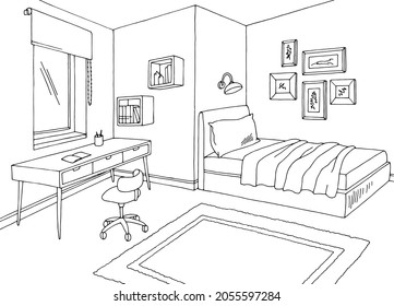 Children room graphic black white home interior sketch illustration vector 