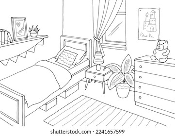 Children room graphic black white home interior sketch illustration vector 