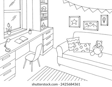 Children room graphic black white home interior sketch illustration vector 