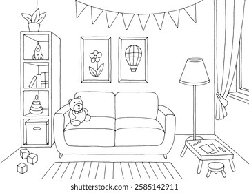 Children room graphic black white home interior sketch illustration vector 