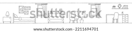 Children room graphic black white home interior sketch long illustration vector 