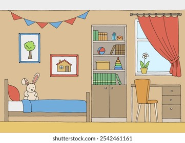 Crianças quarto gráfico cor casa interior esboço ilustração vetor 