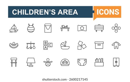 Children Room icon set. Featuring room, child, interior, baby girl, baby, chair, toy and more. Minimalist icons. Child's Space linear icon collection. Pixel perfect. Vector collections.