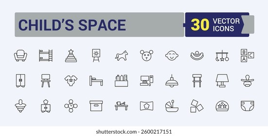 Children Room icon set. Featuring room, child, interior, baby girl, baby, chair, toy and more. Minimalist icons. Child's Space linear icon collection. Pixel perfect. Vector collections.