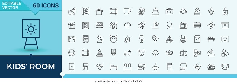 Children Room icon set. Featuring room, child, interior, baby girl, baby, chair, toy and more. Minimalist icons. Child's Space linear icon collection. Pixel perfect. Vector collections.