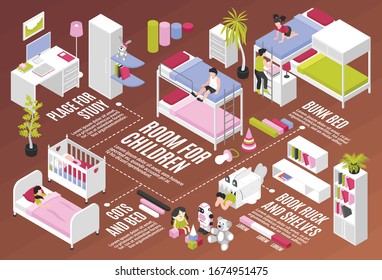 Children room infographics scheme with place for study book ruck and shelves cot and bunk bed isometric elements vector illustration