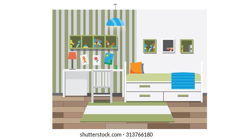 Children room interior with bookshelves. Vector illustration