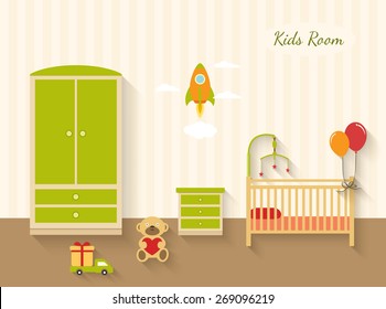 Children room interior. Kids nursery flat design illustration