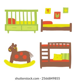 Children room interior objects set. Cute hand drawn doodle house kids furniture inside items, bed, wooden house toy, double bed, two levels bed, baby sleep space, night space. Apartment elements