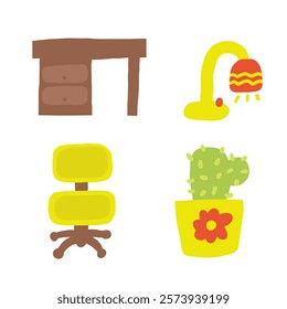 Children room interior objects set. Cute hand drawn doodle house kids furniture inside items, chair, armchair, table, work space, study space, lamp, light, cactus, pot, plant. Apartment elements