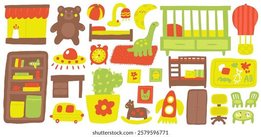 Children room interior objects set. Cute hand drawn doodle house kids furniture, bed, wooden toy, lamp, moon, space ship, alien, dinosaur toy, teddy bear, ball, car, horse, table, wall picture, cactus