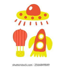 Children room interior toys objects set. Cute hand drawn doodle house kids space inside items, rocket, ufo, transport, air balloon, sky, cosmos. Apartment elements