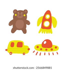 Children room interior toys objects set. Cute hand drawn doodle house kids space inside items, rocket, ufo, transport, space ship, teddy bear, car, taxi. Apartment elements