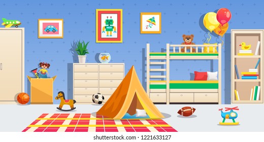 Children room interior with white furniture sports balls tent and colorful toys horizontal flat vector illustration