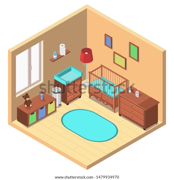 Children Room Isometric View Bedroom Newborn Stock Vector