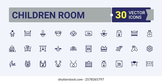 Children Room linear icon collection. Contains related to play, apartment, newborn, desk, children, kid and more. Web icons. Solid line editable vector illustration.