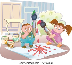 children in the room playing with paint.