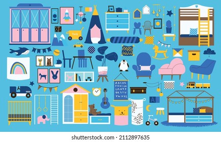 Children room set with isolated color icons of decor interior elements soft furniture and various toys vector illustration