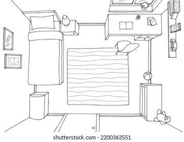 Children room top aerial graphic black white home interior sketch illustration vector 
