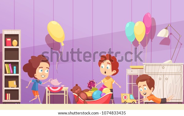 Children room in\
violet color with kids during game with toys, interior elements\
cartoon vector\
illustration