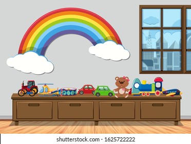 Children room with window and toys illustration