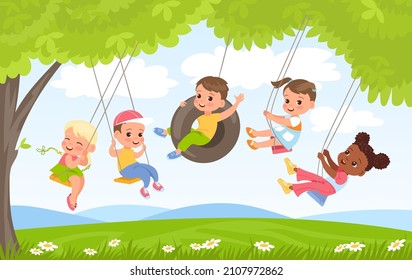 Children rope swings. Kids play on nature. Friends group swinging under trees foliage. Flying on wheel tire. Girls and boys have fun. Outdoor activities. Summer leisure