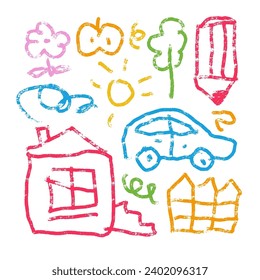 Children rough linear drawing set. Child paint house, car, tree , flower, apple and sun scribbling crayons, color pencil kid draw elements. Cute neoteric nursery vector clipart