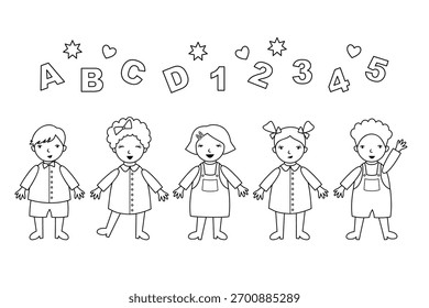 Niños en una fila con alfabetos y números, ilustración de arte de línea para colorear.