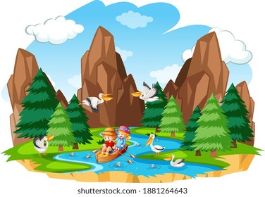 Children row the boat in the forest scene on white background illustration