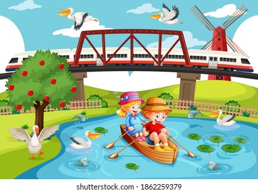 Children row the boat in the stream city scene illustration