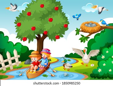 Children row the boat in the stream forest scene illustration