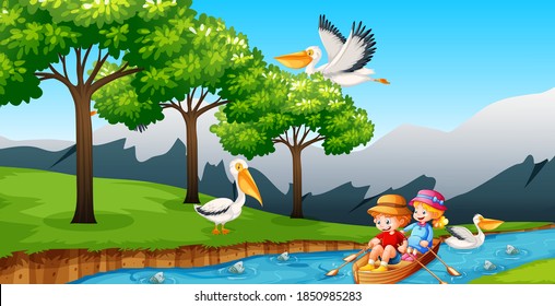 Children row the boat in the stream forest scene illustration