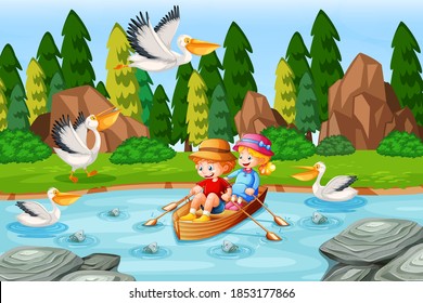 Children row the boat in the stream forest scene illustration