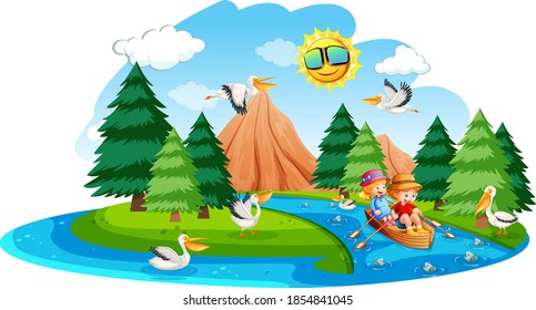 Children row the boat in the stream forest scene on white background illustration