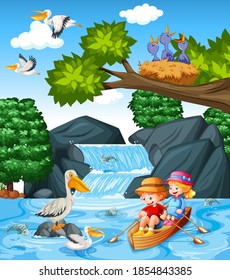 Niños lanzan el bote en la ilustración de la escena del bosque del arroyo
