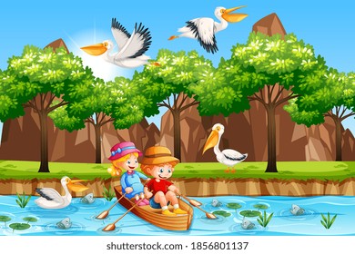 Children row the boat in the stream forest scene illustration