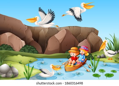 Children row the boat in the stream forest scene illustration